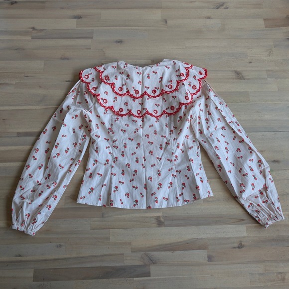 Mint Velvet Strawberry Print Scalloped Collar Blouse Pink/Red Women's Size 6 - Picture 11 of 12
